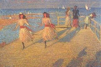 女孩跑步，沃尔伯斯维克码头 Girls Running, Walberswick Pier (c.1890)，菲利普·威尔逊·施特尔