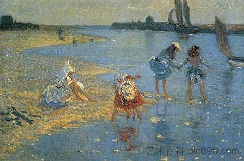 沃尔伯斯维克。儿童划船 Walberswick. Children Paddling (1891),菲利普·威尔逊·施特尔