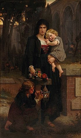 他的母亲和她的两个孩子在父亲的坟墓前 Sa Mère Avec Ses Deux Enfants À La Tombe Du Père (1870)，皮埃尔-奥古斯特·科特