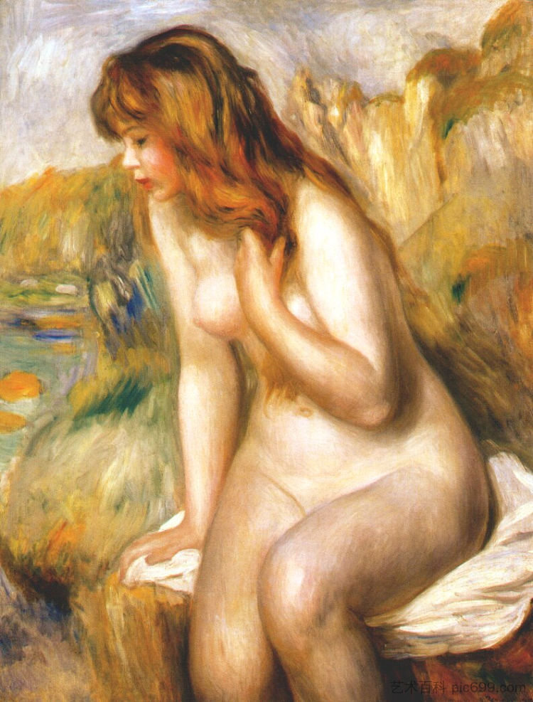 沐浴者坐在一块岩石上 Bather seated on a rock (1892),皮耶尔·奥古斯特·雷诺阿