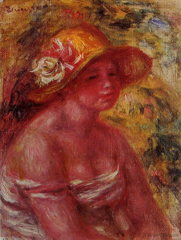 戴草帽的少女半身像 Bust of a Young Girl Wearing a Straw Hat (1917),皮耶尔·奥古斯特·雷诺阿
