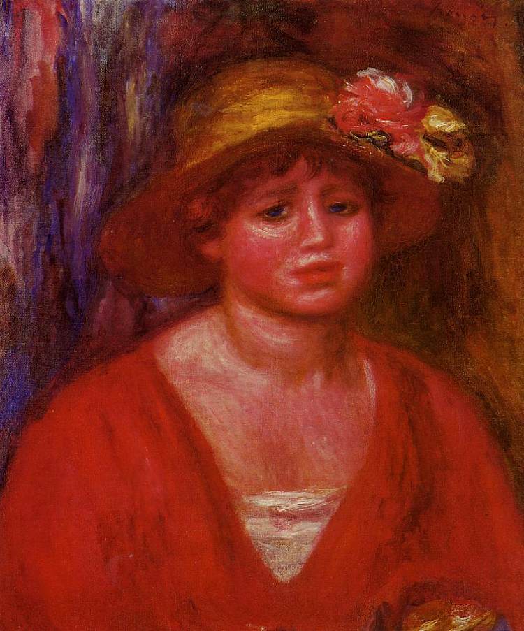 穿红衬衫的年轻女子半身像 Bust of a Young Woman in a Red Blouse (1915)，皮耶尔·奥古斯特·雷诺阿