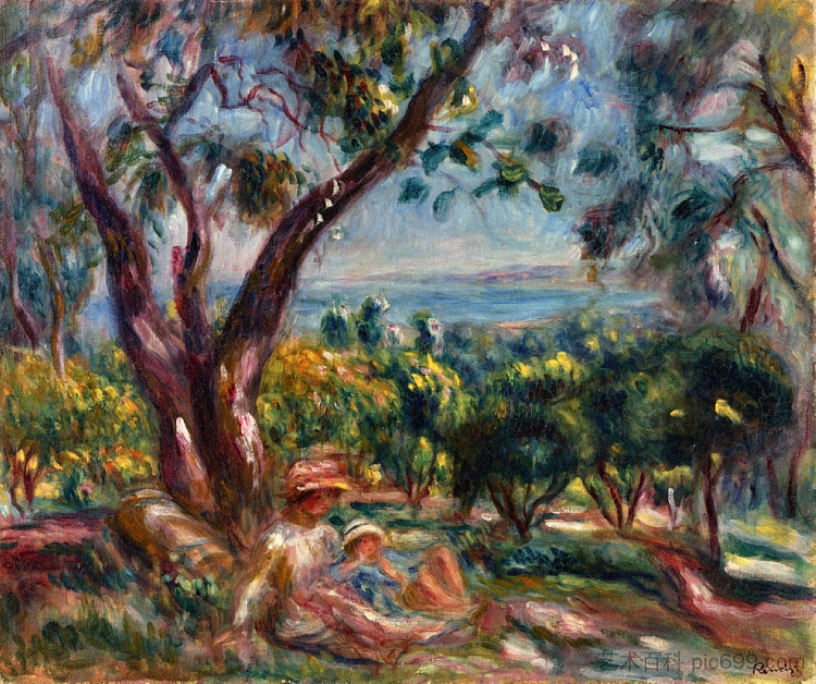 卡格尼斯风景画:女人和孩子 Cagnes Landscape with Woman and Child (1910),皮耶尔·奥古斯特·雷诺阿