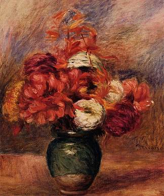 绿色花瓶里的花:大丽花和紫苑 Flowers in a Green Vase Dahlilas and Asters (c.1910)，皮耶尔·奥古斯特·雷诺阿
