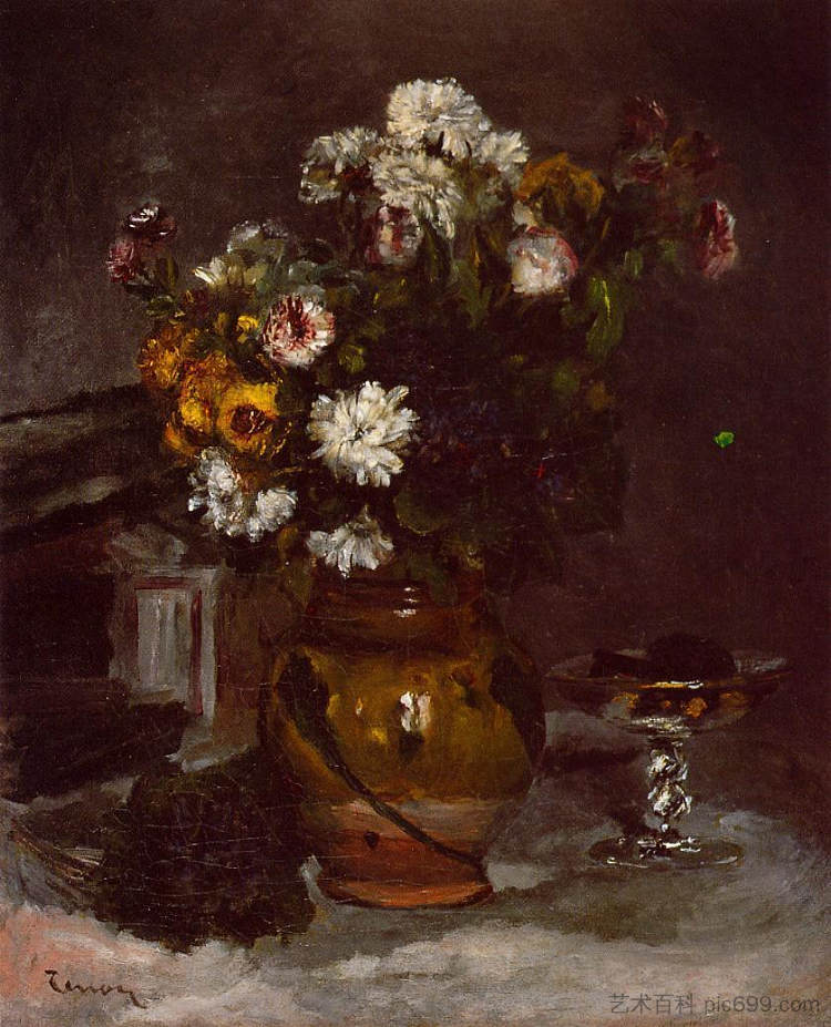 花瓶里的花和一杯香槟 Flowers in a Vase and a Glass of Champagne，皮耶尔·奥古斯特·雷诺阿