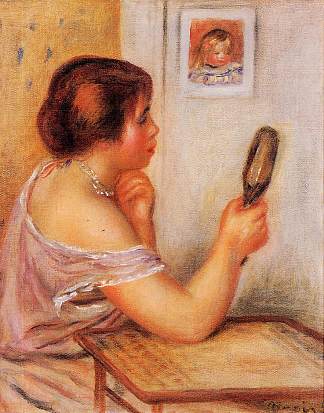 加布里埃尔拿着镜子，上面有可可的肖像 Gabrielle Holding a Mirror with a Portrait of Coco (1905)，皮耶尔·奥古斯特·雷诺阿