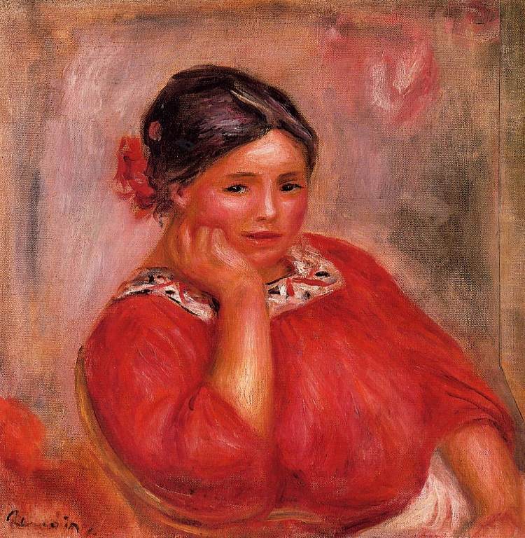 穿红衬衫的加布里埃尔 Gabrielle in a Red Blouse (1896)，皮耶尔·奥古斯特·雷诺阿