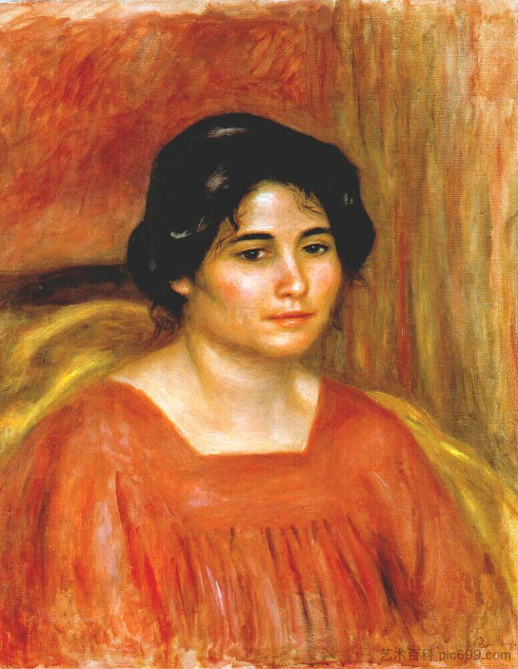 穿红衬衫的加布里埃尔 Gabrielle in a red blouse (c.1910)，皮耶尔·奥古斯特·雷诺阿