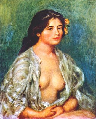 加布里埃尔穿着敞开的衬衫 Gabrielle with open blouse (c.1907)，皮耶尔·奥古斯特·雷诺阿