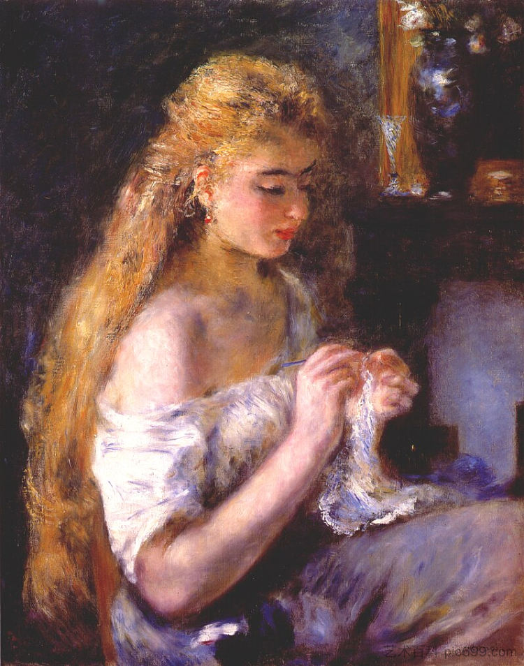 女孩钩针编织 Girl crocheting (c.1875)，皮耶尔·奥古斯特·雷诺阿