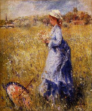 女孩聚花 Girl Gathering Flowers (c.1872)，皮耶尔·奥古斯特·雷诺阿