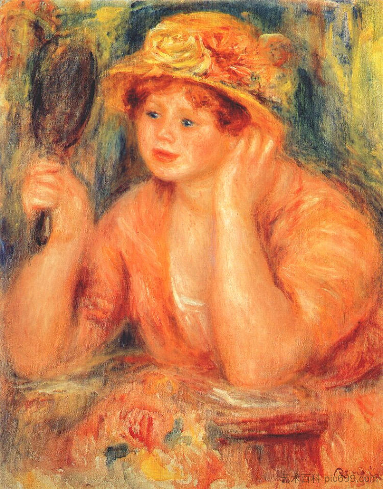 看着镜子的女孩 Girl looking into a mirror (c.1912),皮耶尔·奥古斯特·雷诺阿