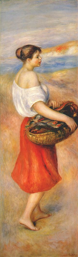 拿着一篮子鱼的女孩 Girl with a basket of fish (c.1889)，皮耶尔·奥古斯特·雷诺阿