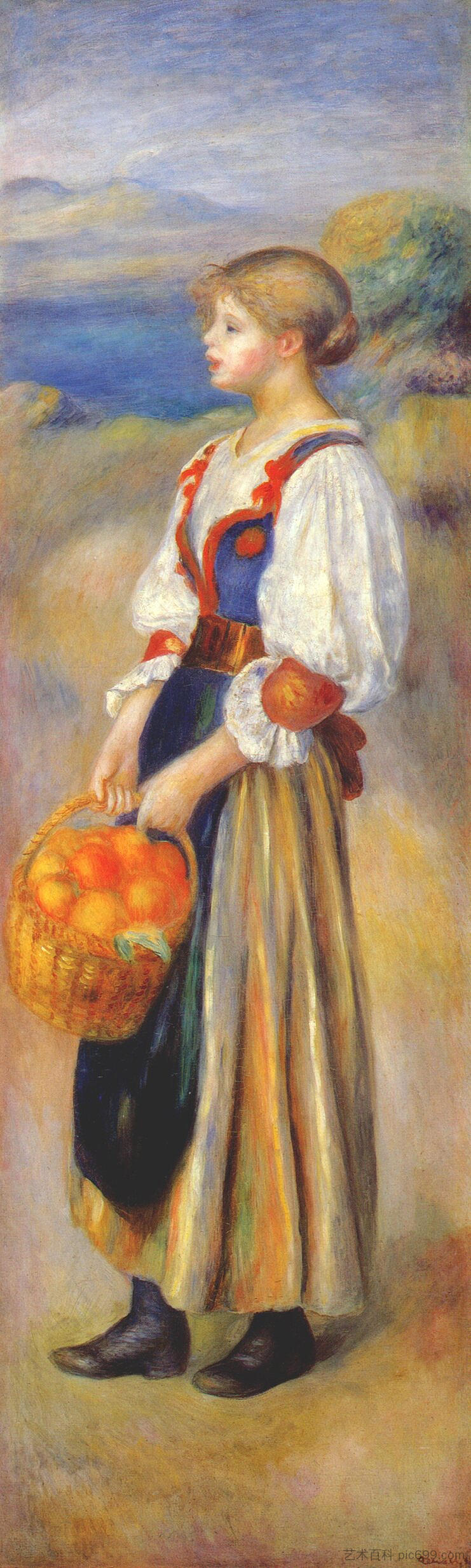 拿着一篮子橘子的女孩 Girl with a basket of oranges (c.1889)，皮耶尔·奥古斯特·雷诺阿