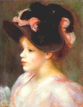 戴着黑粉相间帽子的女孩 Girl with a pink and black hat (c.1890)，皮耶尔·奥古斯特·雷诺阿