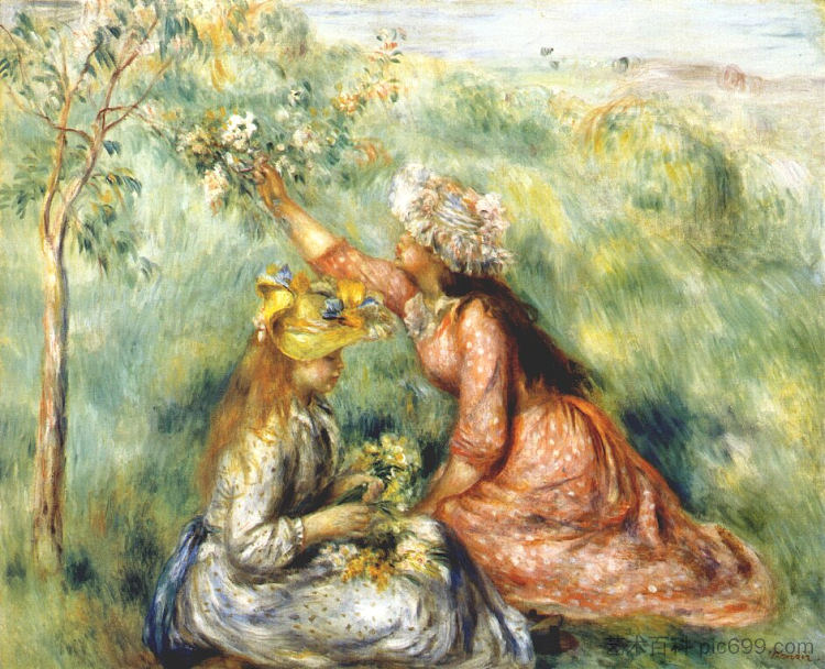 女孩们在草地上采花 Girls picking flowers in a meadow (c.1890),皮耶尔·奥古斯特·雷诺阿