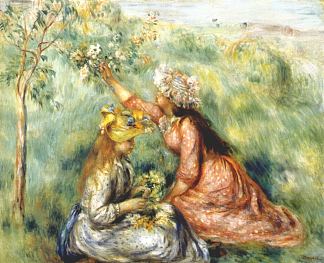 女孩们在草地上采花 Girls picking flowers in a meadow (c.1890)，皮耶尔·奥古斯特·雷诺阿