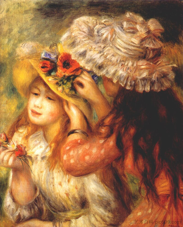 女孩们把花戴在帽子上 Girls putting flowers on their hats (1893 - 1894)，皮耶尔·奥古斯特·雷诺阿