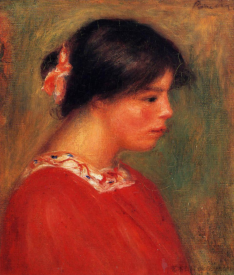 红衣女人的头 Head of a Woman in Red (c.1909)，皮耶尔·奥古斯特·雷诺阿