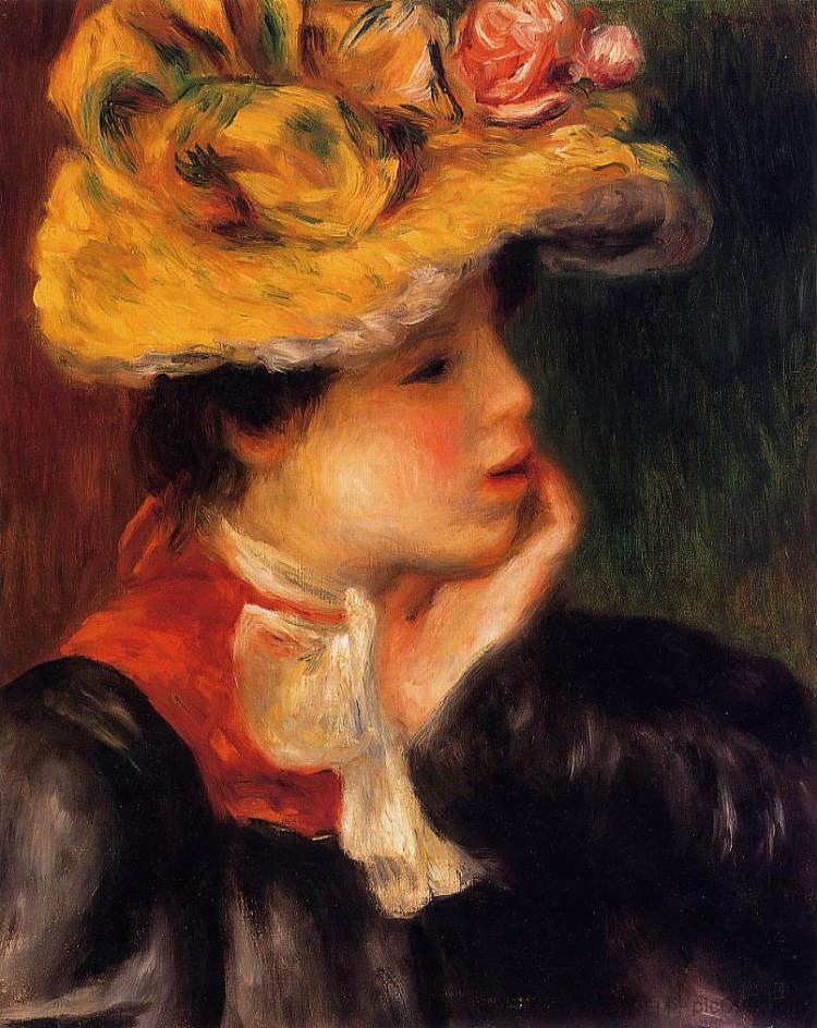 年轻女子的头(黄帽子) Head of a Young Woman (Yellow Hat) (1894)，皮耶尔·奥古斯特·雷诺阿