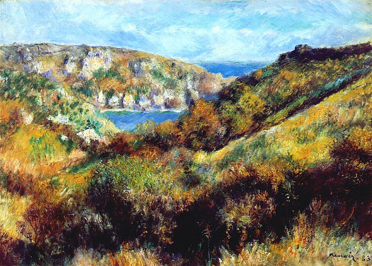 红磨坊惠特湾周围的山丘 Hills Around Moulin Huet Bay (1883)，皮耶尔·奥古斯特·雷诺阿