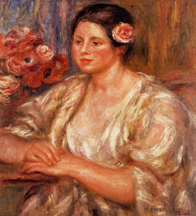 马德莲穿着白衬衫,拿着一束花 Madelaine in a White Blouse and a Bouquet of Flowers (1915 - 1919),皮耶尔·奥古斯特·雷诺阿