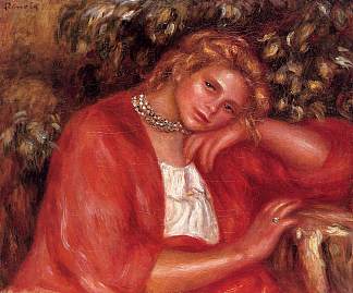 靠在胳膊肘上沉思的年轻女子 Pensive Young Woman Leaning on Her Elbow (c.1908)，皮耶尔·奥古斯特·雷诺阿