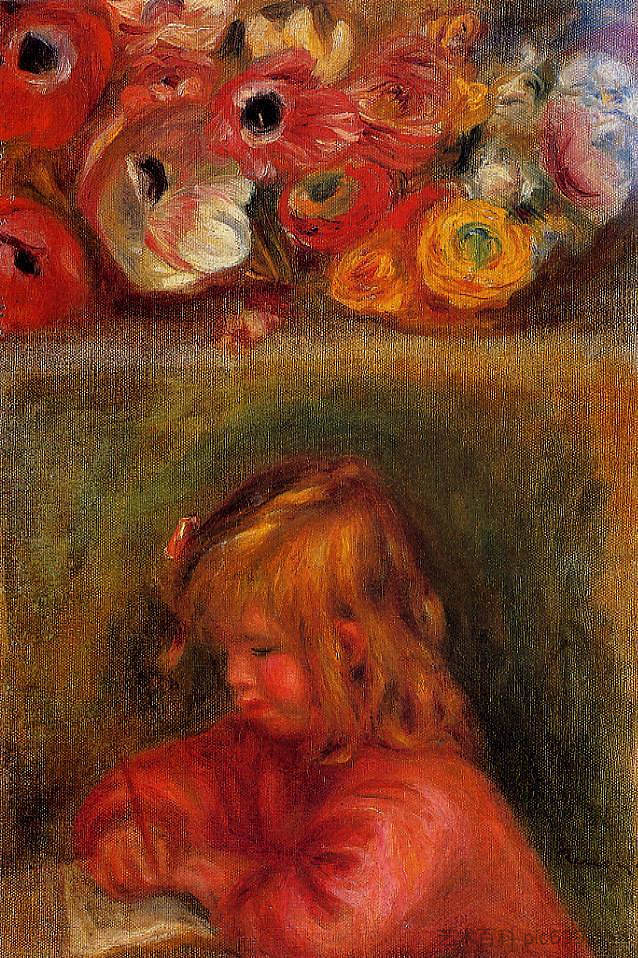 可可和花的肖像 Portrait of Coco and Flowers (c.1905),皮耶尔·奥古斯特·雷诺阿