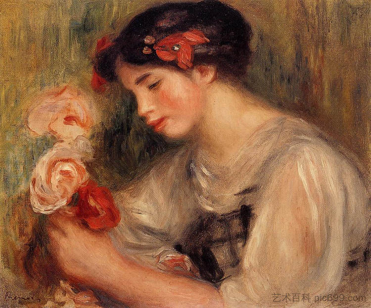 加布里埃尔肖像(拿花的小女孩) Portrait of Gabrielle (Young Girl with Flowers) (c.1900),皮耶尔·奥古斯特·雷诺阿