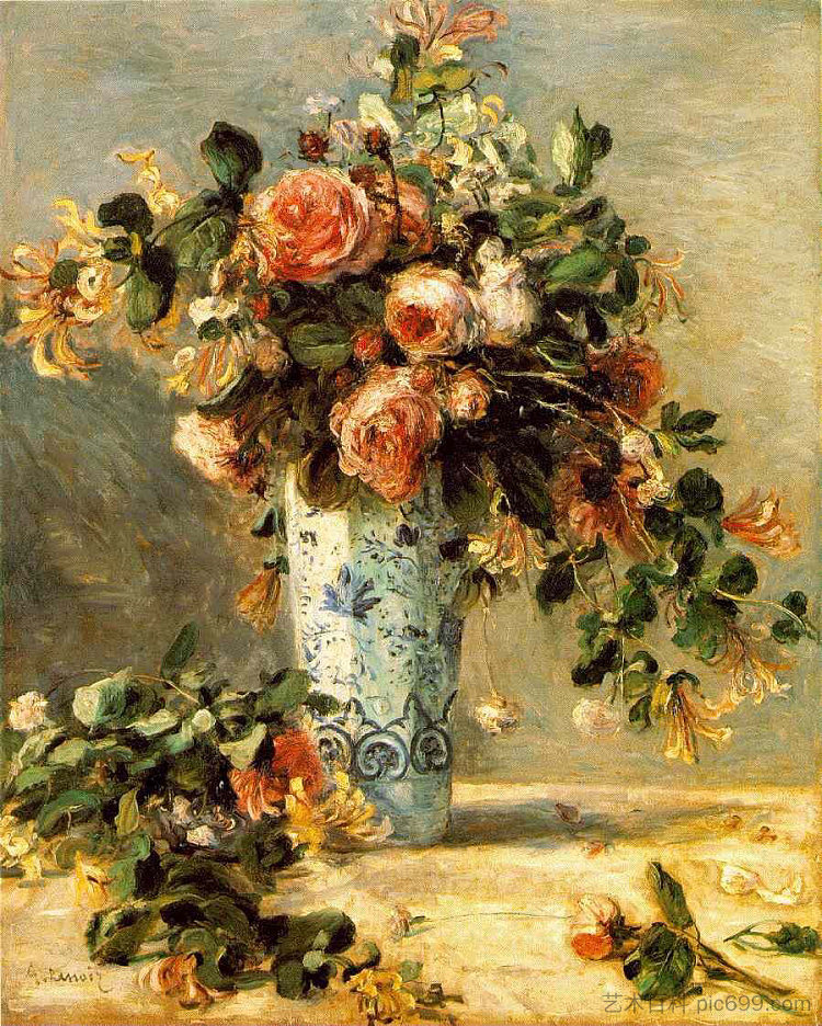 代尔夫特花瓶中的玫瑰和茉莉花 Roses and Jasmine in a Delft Vase (1880 - 1881)，皮耶尔·奥古斯特·雷诺阿