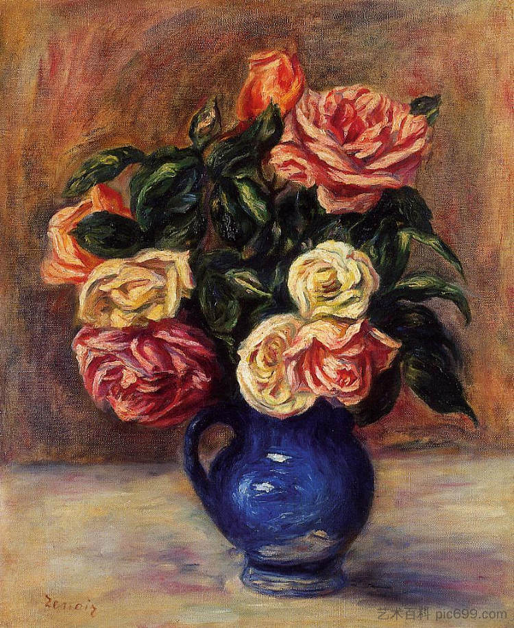 蓝色花瓶里的玫瑰 Roses in a Blue Vase (c.1900)，皮耶尔·奥古斯特·雷诺阿