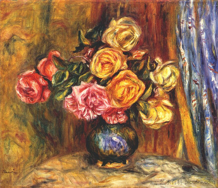 蓝色窗帘前的玫瑰 Roses in front of a blue curtain (1908)，皮耶尔·奥古斯特·雷诺阿