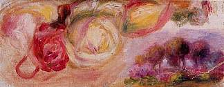 玫瑰与风景 Roses with a Landscape (c.1912)，皮耶尔·奥古斯特·雷诺阿