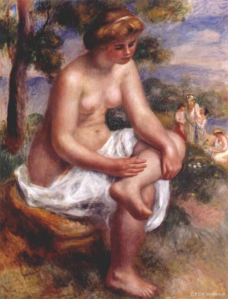 在风景中坐着洗澡 Seated bather in a landscape (1895 - 1900)，皮耶尔·奥古斯特·雷诺阿