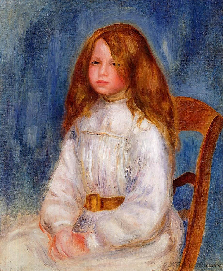 蓝色背景坐着的小女孩 Seated Little Girl with a Blue Background (c.1890),皮耶尔·奥古斯特·雷诺阿