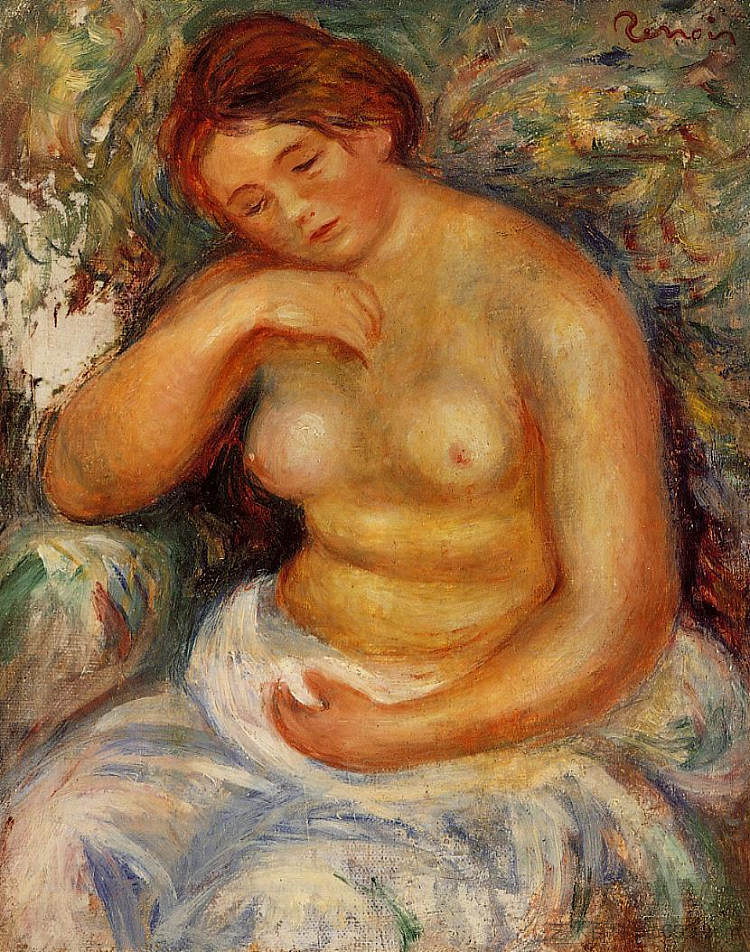 裸体坐着，手捧花束 Seated Nude with a Bouquet (c.1914 - 1915)，皮耶尔·奥古斯特·雷诺阿