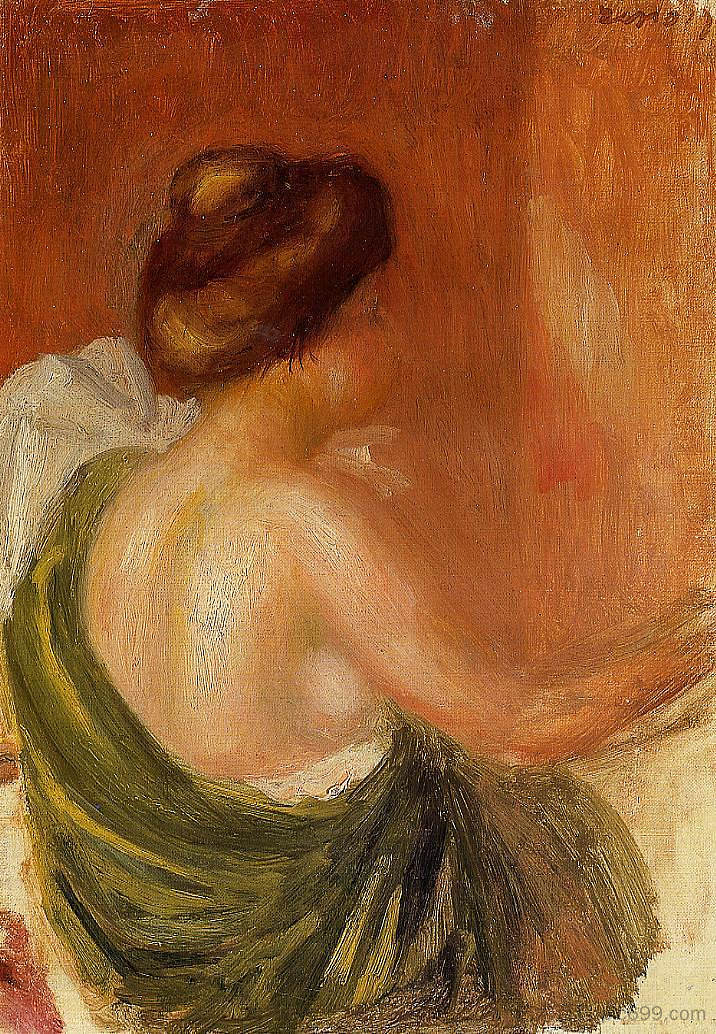 穿着绿袍子坐着的女人 Seated Woman in a Green Robe (c.1890),皮耶尔·奥古斯特·雷诺阿