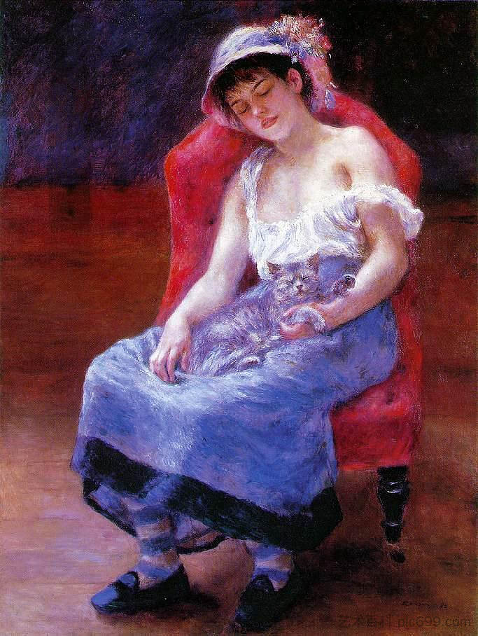 沉睡的女孩（带猫的女孩） Sleeping Girl (Girl with a Cat) (1880)，皮耶尔·奥古斯特·雷诺阿