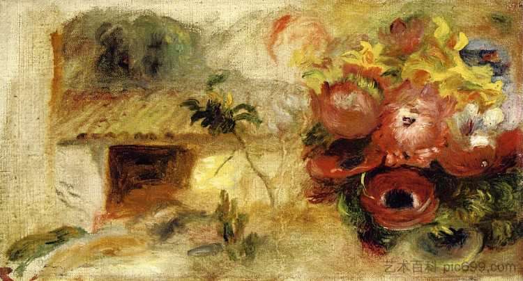 小房子、毛茛和各种花卉(书房) Small House, Buttercups and Diverse Flowers (study) (c.1910),皮耶尔·奥古斯特·雷诺阿