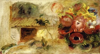 小房子、毛茛和各种花卉(书房) Small House, Buttercups and Diverse Flowers (study) (c.1910)，皮耶尔·奥古斯特·雷诺阿