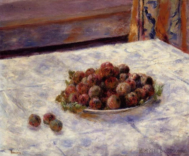 静物画,一盘李子 Still Life, a Plate of Plums (c.1884),皮耶尔·奥古斯特·雷诺阿