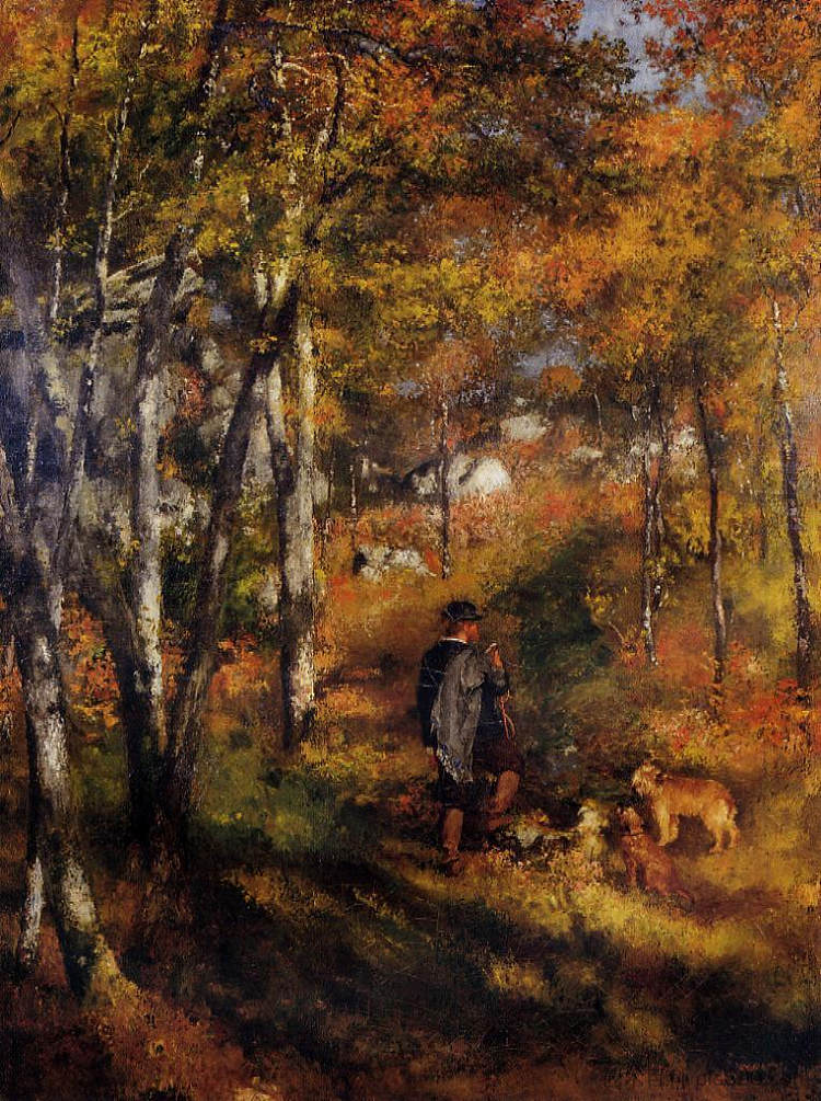 画家儒勒·勒科尔在枫丹白露森林里遛狗 The Painter Jules Le Coeur Walking His Dogs in the Forest of Fontainebleau (1866)，皮耶尔·奥古斯特·雷诺阿