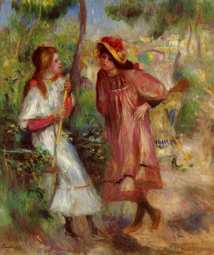 《蒙马特花园中的两个女孩 Two Girls in the Garden at Montmartre (1895)，皮耶尔·奥古斯特·雷诺阿