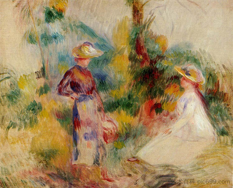 花园里的两个女人 Two Women in a Garden (c.1906)，皮耶尔·奥古斯特·雷诺阿