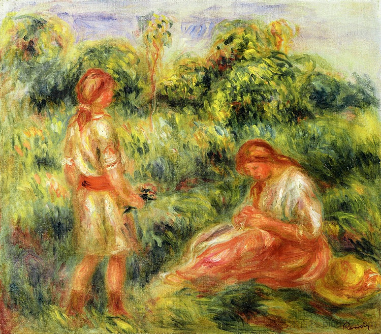 风景中的两个年轻女子 Two Young Women in a Landscape (c.1916)，皮耶尔·奥古斯特·雷诺阿