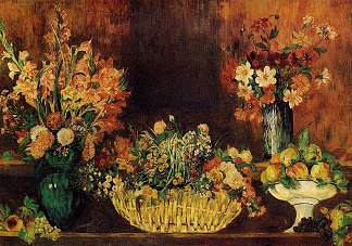 花瓶，花篮和水果 Vase, Basket of Flowers and Fruit (1889 – 1890)，皮耶尔·奥古斯特·雷诺阿