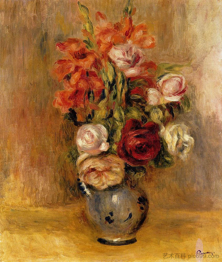 一瓶剑兰和玫瑰 Vase of Gladiolas and Roses (1909)，皮耶尔·奥古斯特·雷诺阿