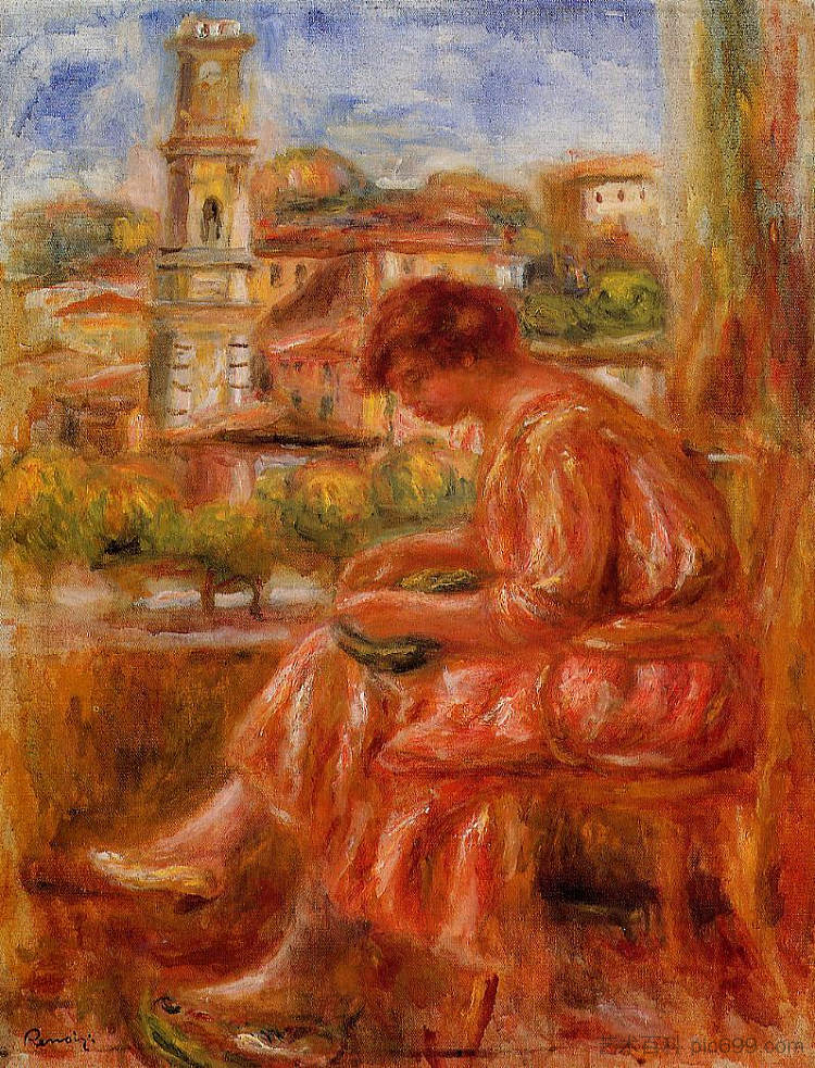 尼斯窗外的女人 Woman at the Window with a View of Nice (1918)，皮耶尔·奥古斯特·雷诺阿