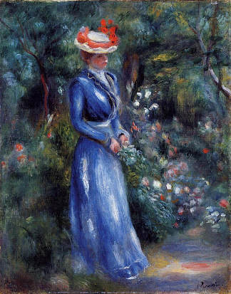 穿蓝裙子的女人，站在圣克劳德的花园里 Woman in a Blue Dress, Standing in the Garden of Saint Cloud (1899)，皮耶尔·奥古斯特·雷诺阿