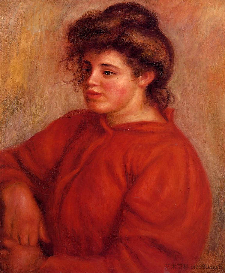 穿红衬衫的女人 Woman in a Red Blouse (c.1908)，皮耶尔·奥古斯特·雷诺阿